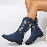 Western Cowboy Sewing Floral Denim Boots For Women Embroidery Flowers Vintage Calf Cowgirl Women's Shoes Womens Boots