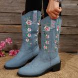 Western Cowboy Sewing Floral Denim Boots For Women Embroidery Flowers Vintage Calf Cowgirl Women's Shoes Womens Boots