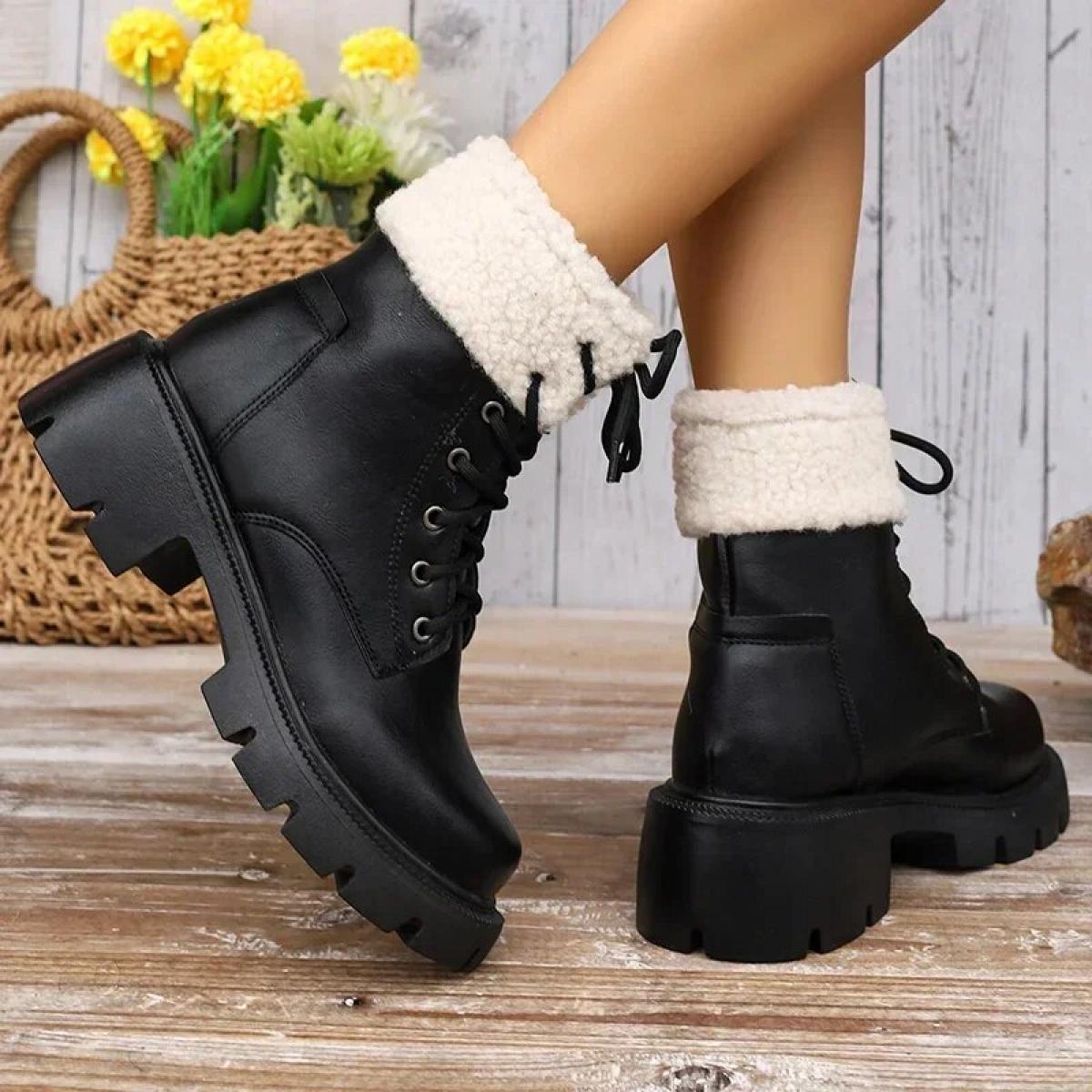 Botas de nieve gruesas de felpa para mujer, zapatos cálidos de piel sintética con cordones, zapatos de algodón antideslizantes, 
