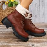 Thick Plush Snow Boots Women Pu Leather Warm Plush Women Shoes Lacing Non Slip Cotton Shoes Platform Ankle Booties 2023