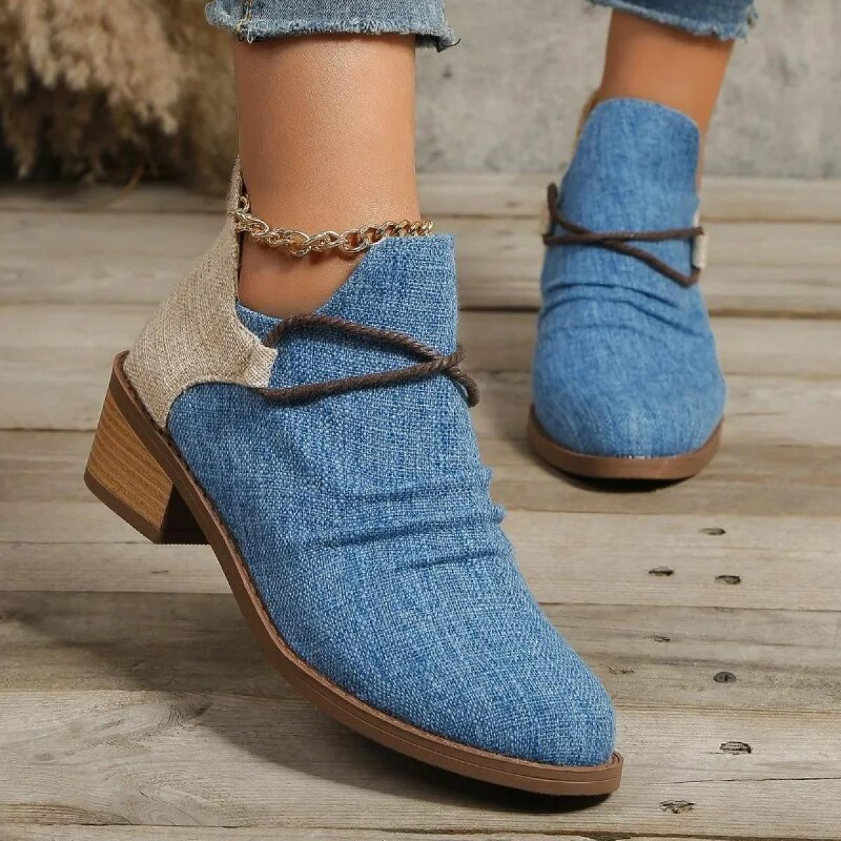 Women's Denim Boots  Autumn Pointed Suede Thick Heel Booties Women Plus Size 43 Zipper Heeled Ankle Boots
