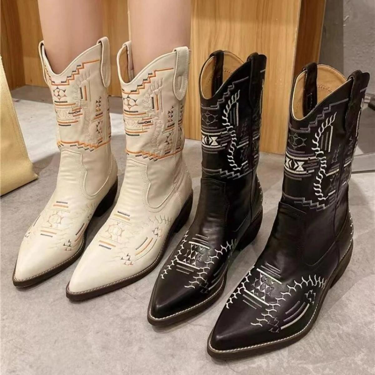 2023  Cowgirl Boots Chunky   Cowboy  Boots Embroider Casual Shoes  Retro Booties  Womens Boots  Brown Long Boots