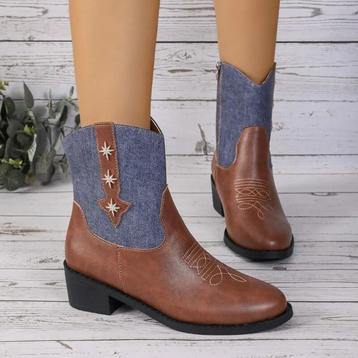 Cowboy Short Boots For Women Cowgirl Fashion Western Boots Women Embroidered Casual Square Toe Shoes