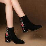 Women's Ankle Boots High Autumn And Winter Warm Cotton Shoes Women Suede Mid Heel Embroidered Mid Tube Booties Woman