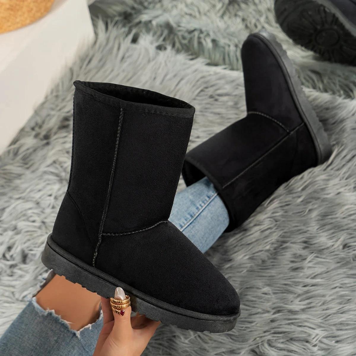 Women Shoes On Sale High Quality Winter Slip On Mid Calf  Women Boots Fashion Solid Casual Snow Boots Large Size Platfor