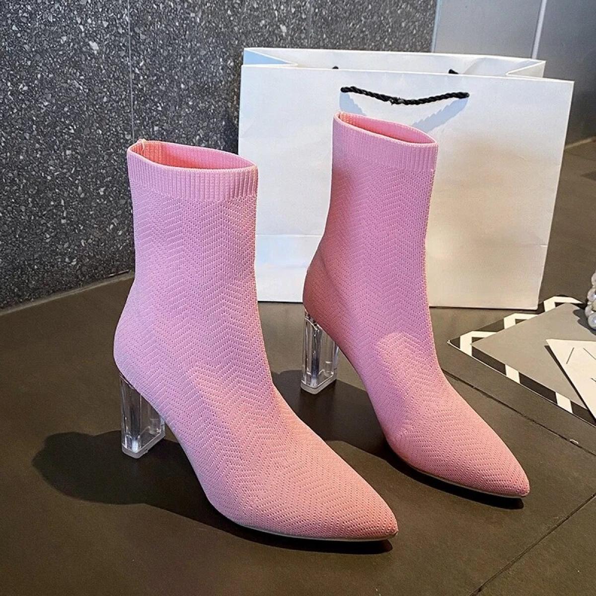 Women High Heels Shoes Knitting Chunky Boots Winter New 2023 Fashion Weave Pointed Toe Ankle Boots  Sock