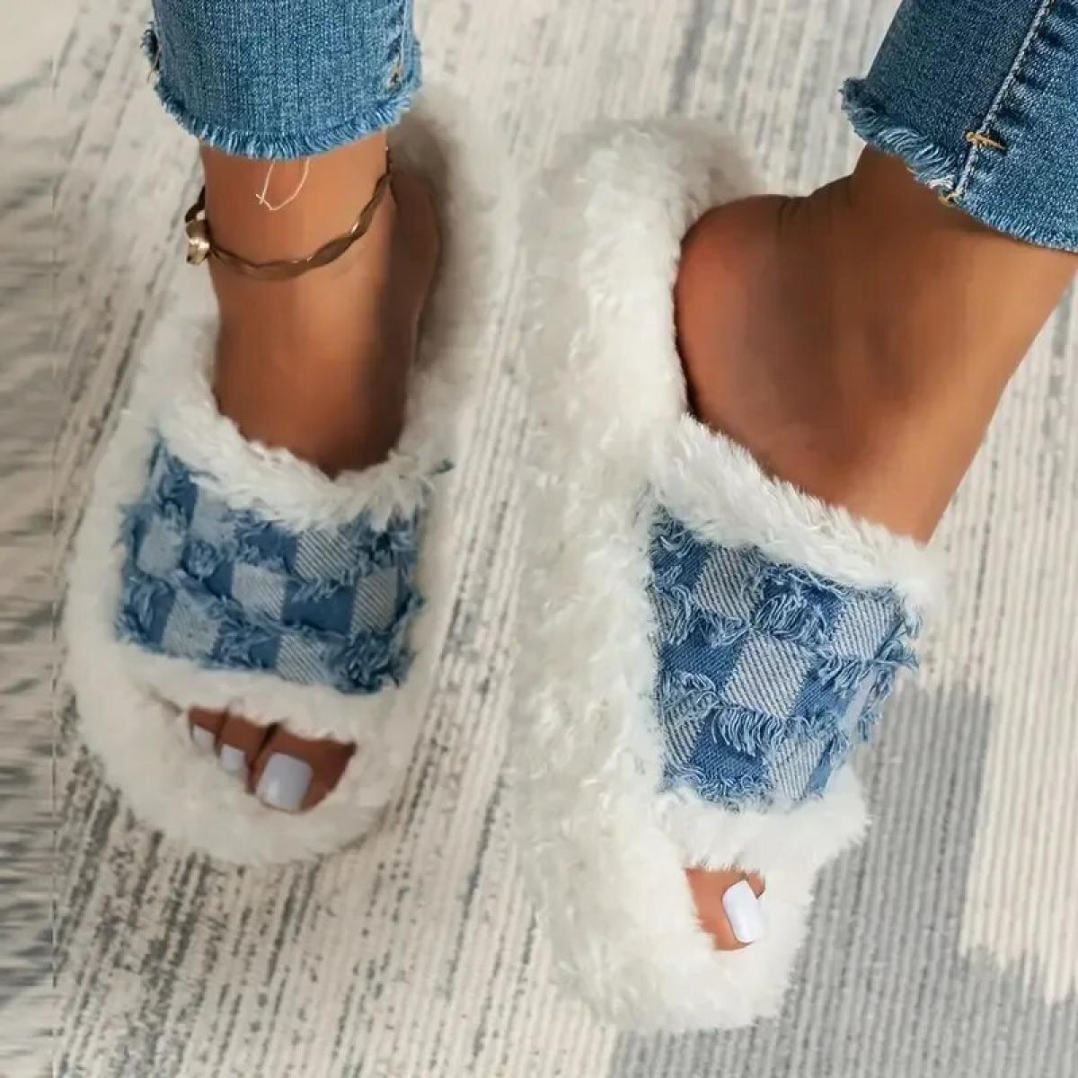Winter Women's New Thick Sole Denim Slippers Fashion  And  Style Large Luxury Designer Plush Cotton Slippers 43