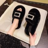Slippers Women Fluffy Slides Slipper Ladies Shoes Crystal Hollow Flat Faux Fur Sandals Decor Platform Footwear