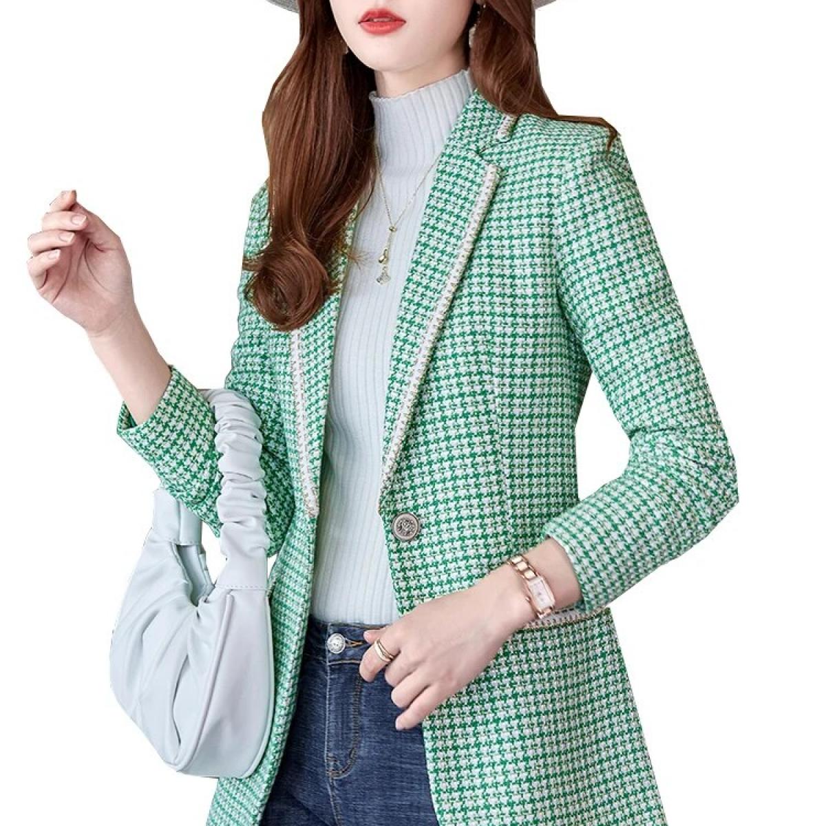 Ladies Formal Business Work Wear Blazer Coat Green Apricot Black Plaid Women Female Long Sleeve Single Button Jacket For