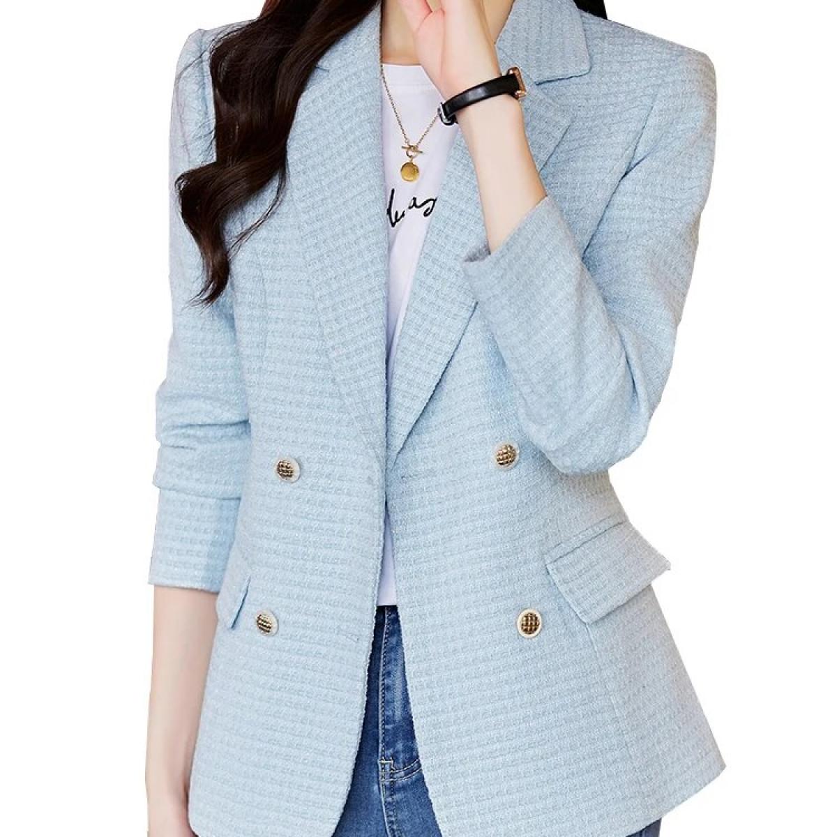 Pink Blue Apricot Plaid Women Blazer Ladies Casual Autumn Winter Jacket Female Long Sleeve Button Decoration Coat