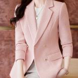 Pink Blue Apricot Plaid Women Blazer Ladies Casual Autumn Winter Jacket Female Long Sleeve Button Decoration Coat