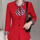 Elegant Office Ladies Work Wear Blazer Women Red Black Navy Solid Long Sleeve Formal Jacket With Bow