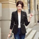 Elegant Women Single Button Blazers Vintage Slim Long Sleeve Casual Outerwear S4xl Chic Black White Plaid Coat Tops  Bla