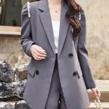 Fashion Women Casual Blazer Ladies Gray Black Solid Female Long Sleeve Double Breasted Loose Jacket Coat
