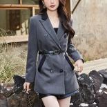 Fashion Gray Khaki Blazer Coat Women Ladies Female Long Sleeve Double Breasted Casual Jacket For Autumn Winter