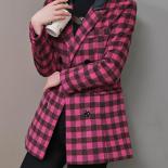 Ladies Blazer Women Casual Jacket Pink Apricot Green Plaid Long Sleeve Triple Breasted Female Autumn Winter Coat