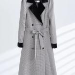High Quality Autumn Winter Women Long Blazer Black Plaid Ladies Jacket Female Casual Coat With Belt