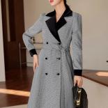 Alta qualidade longo feminino blazer senhoras jaqueta preto xadrez feminino casaco casual com cinto para outono inverno