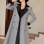 מעיל נשים ארוך באיכות גבוהה בלייזר נשים מעיל קז'ואל נשי משובץ שחור עם חגורה לחורף הסתיו