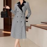מעיל נשים ארוך באיכות גבוהה בלייזר נשים מעיל קז'ואל נשי משובץ שחור עם חגורה לחורף הסתיו