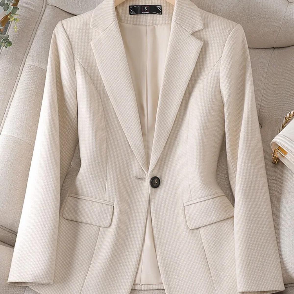 New Arrival Ladies Blazer Formal Jacket Women Long Sleeve Single Button Gray Apricot Plaid Female Work Wear Coat