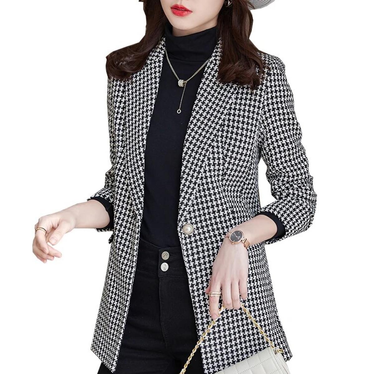 Otoño Invierno señoras Casual Blazer abrigo mujer caqui negro a cuadros manga larga un solo botón chaqueta delgada Blazers