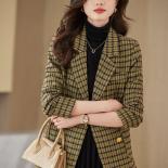 Fashion Coffee Green Plaid Ladies Casual Blazer Women Autumn Winter Long Sleeve Double Breasted Female Coat Jacket