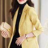 Pink Gray Yellow Plaid Ladies Casual Blazer Jacket Women Female Long Sleeve Single Button Slim Autumn Winter Coat