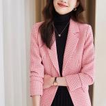 Pink Gray Yellow Plaid Ladies Casual Blazer Jacket Women Female Long Sleeve Single Button Slim Autumn Winter Coat