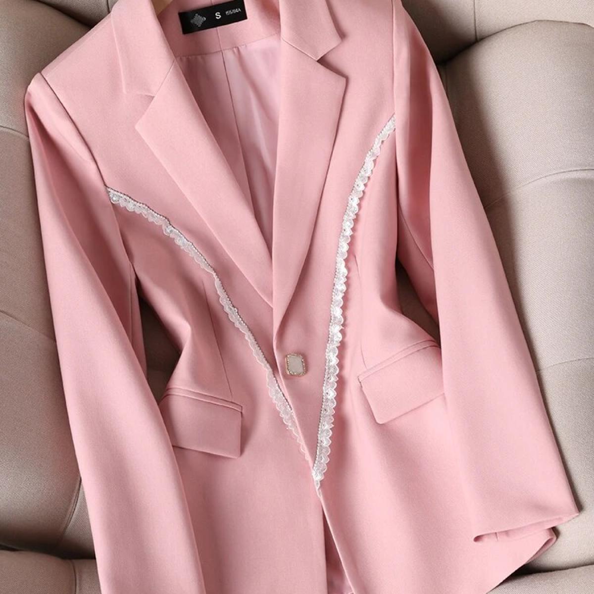 Fashion Spring Autumn Pink White Women Slim Blazer Long Sleeve Single Button Office Ladies Jacket Business Work Wear For
