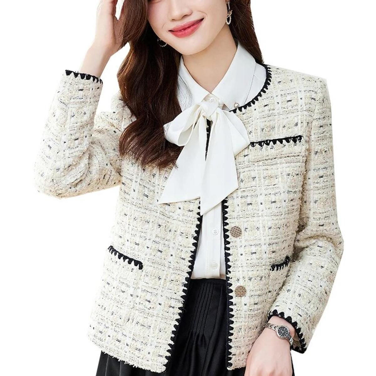 High Quality Beige Plaid Women Blazer Fashion Autumn Winter Ladies Casual Jacket Female Long Sleeve O Neck Coat With Poc