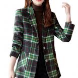 Blue Green Plaid Ladies Blazer Jacket Women Long Sleeve Single Breasted Female Casual Coat For Autumn Winter