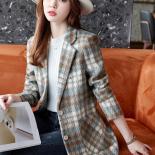 Blue Green Plaid Ladies Blazer Jacket Women Long Sleeve Single Breasted Female Casual Coat For Autumn Winter