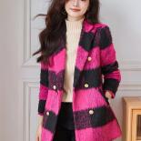 New Arrival Long Sleeve Double Breasted Blazer Women Fashion Pink Gray Plaid Jacket Ladies Female Casual Coat