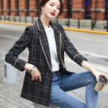 Double Breasted White Black Plaid Women Blazer With Pockets Fashion Female Coat Outwear High Quality Loose Girl Jackets 