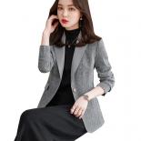  New Arrival Casual Spring Autumn Ladies Blazer Women Fashion Gray Khaki Plaid Coat Female Slim Single Button Jacketblaz