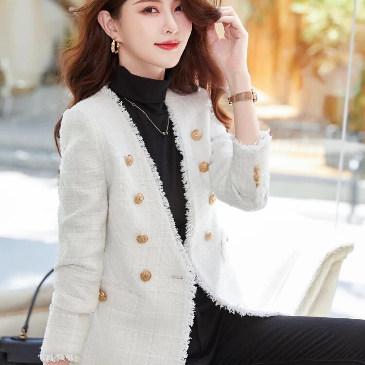 Female Black White Plaid Vneck Casual Blazer Women Ladies Autumn Winter Long Sleeve Single Breasted Coat Jacket  Blazers