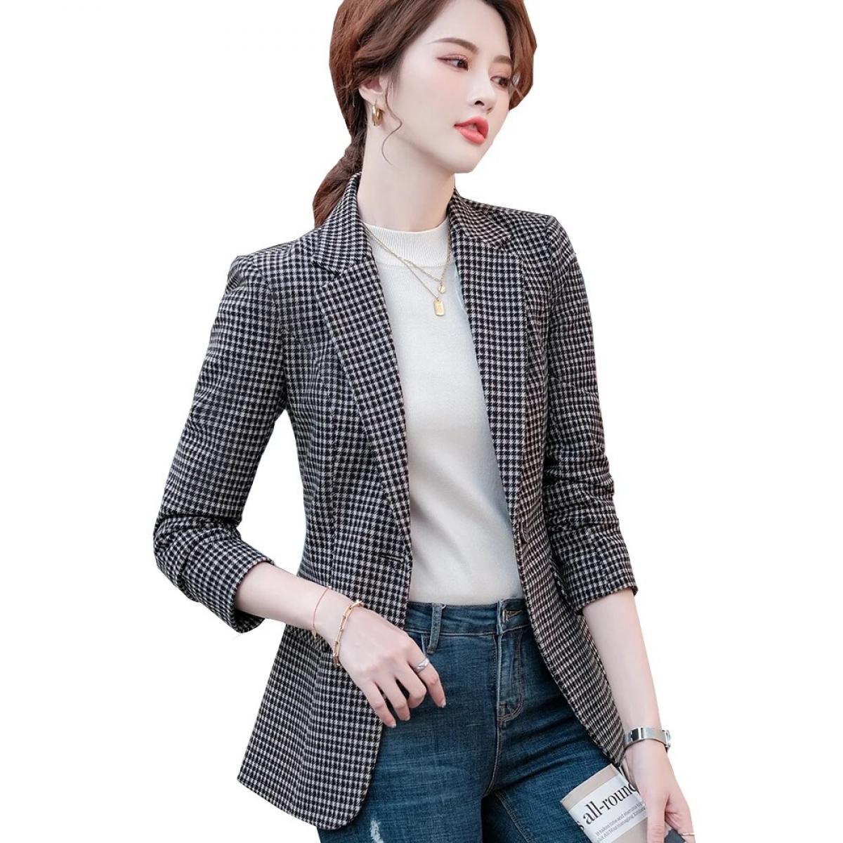 High Quality Women Coffee Plaid Single Button Blazer For Ladies Spring Autumn Wear Fashion Female Formal Design Jacket C