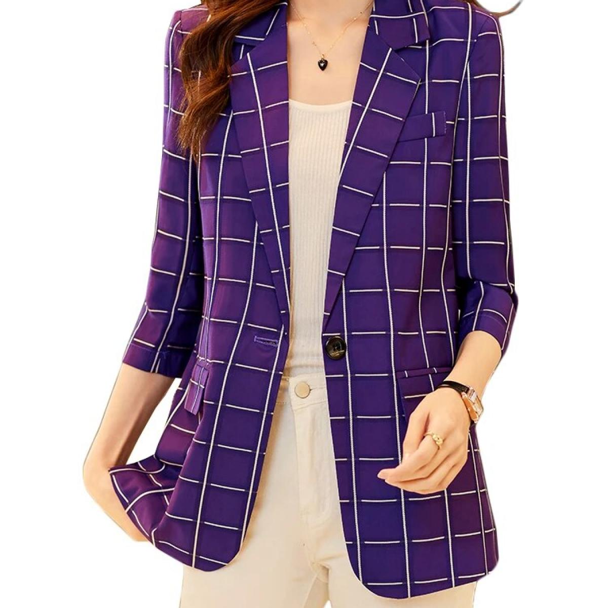 Fashion Women Blazer Ladies Purple White Black Plaid Female Single Button Casual Jacket For Summer Spring  Blazers
