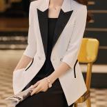 Summer Spring Fashion Women Blazer Ladies Black White Stripe Single Button Half Sleeve Female Formal Jacket Coat