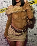 Q23tp612 Retro 23 Autumn And Winter New Fashion Furry Collar Knitted Top Short Hot Girl Slim Slim Sweater