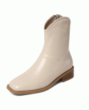 V-mouth Western Denim Short Boots Square Toe Plus Velvet Elastic Slim Boots White Medium Thick Heel Spring And Autumn Bo