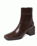  Style Simple Square Toe Cowhide Thick Heel Short Boots For Women Retro Brown Wholesale High Heel Plus Velvet Short Boot