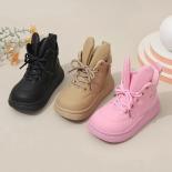 Nuevas botas cortas de cuero de moda para niños, botines con cordones y orejas de conejito para niños y niñas, botas de algodón 