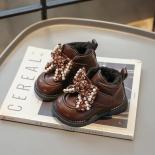 2024 New Kids Fashion Pu Leather Shoes Girls Bow Pearls Princess Shoes Kids Casual Short Boots Baby Warm Plush Cotton Sh