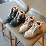 Botas de nieve para niños, zapatos cálidos de algodón de felpa, botas cortas a cuadros a la moda, antideslizantes para estudiant