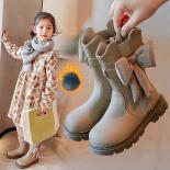2024 New Girls Plush Mid Calf Boots Kids Fashion Bowknot Solid Color Toddler Girls Cotton Shoes Children Non Slip Casual