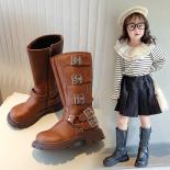 2024 New Children Britain Style Knight Boots Girls Fashion Black Leather Long Boots Kids Retro Cool Buckle Western Cowbo