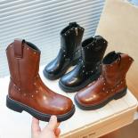 الفتيات برشام كاوبوي أحذية للأطفال أحذية الأولاد بولي Leather جلد حذاء من الجلد الأطفال 2024 جديد كعب مربع عدم الانزلاق ريترو قص