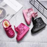 Botas de nieve con lentejuelas para niña, zapatos de algodón antideslizantes cálidos de felpa, zapatos de princesa con lazo a la